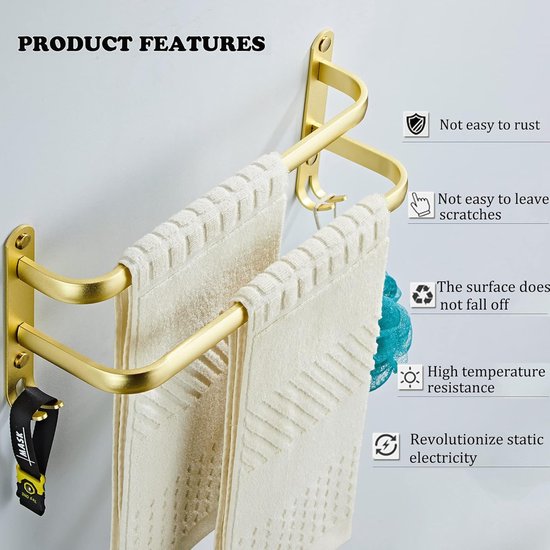 Towel Rail No Drilling Required, 40 cm Length, Aluminium Towel Rail Bathroom Light Gold, Towel Holder, Kitchen Towel Holder, Wall, Towel Shelf, Rustproof