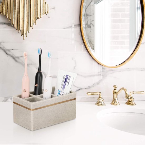 Tandenborstelhouder, 5 vakken, elektrische tandenborstelhouder met afvoergat, tandenborstelstandaard, hars, tandenborstelhouder voor badkamer, tandenborstelhouder voor tandpasta, zand, kaki