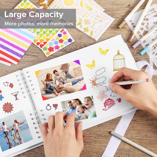 Fotoalbum 29,5 x 21 cm fotoalbum om zelf vorm te geven, wit fotoboek met 80 pagina's scrapbook, voor 160 foto's, inclusief 6 metallic kleurmarkers, gastenboek voor verjaardag en bruiloft (wit)