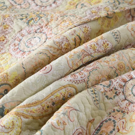 sprei van katoen 220x240cm, sprei 230x250 voor tweepersoonsbed met geel paisley bloemenpatroon, all-season deken, banksprei, gewatteerde deken met 2 kussenslopen