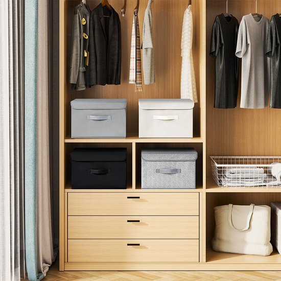 Pack of 4 Storage Boxes with Lid, Foldable Storage Box with Handle, Fabric Storage Baskets, Wardrobe Organiser, Folding Box for Clothes, Books, Light Grey