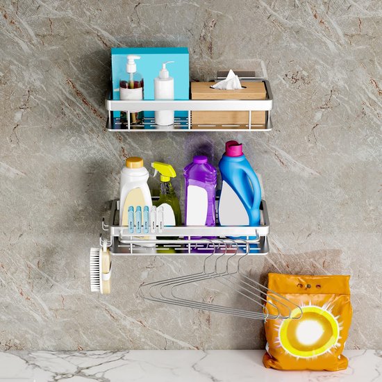 Doucheplank, doucherek, zonder boren, hoekmet haken, handdoekstang, badkuip, sponsrek, keukenorganizer, accessoires, mat, afwerking, douchemanden en doucheplanken (zilver)