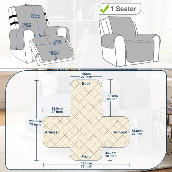 Fauteuilbeschermer voor kinderen, honden, 100% waterdichte relaxstoel, stoelbeschermer met zakken, 1-zits, antislip, stoelbeschermer voor televisiestoel met 2 verstelbare riemen, grijs