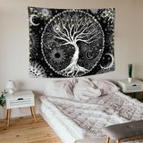 Levensboom wandtapijt zwart-wit-zon-maan-wandtapijt Galaxy Space wandtapijt zwart esthetisch wandtapijt voor slaapkamer L / 150 cm x 200 cm