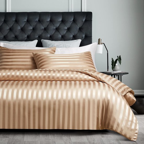 Satijn beddengoed 200 x 200 cm beige - zijdeglans gestreept beddengoed set 3-delig hoogwaardig luxe dekbedovertrek met verborgen ritssluiting en 2 kussenslopen 80 x 80 cm, beige