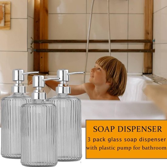 Set van 3 glazen zeepdispensers, handzeepdispenser, lotion vloeibare zeepdispenser voor keuken, badkamer, werkblad, onder de wasruimte, transparant