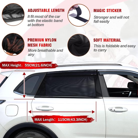 Universele zonneklep, autonet, zonwering voor baby's met gecertificeerde UV voor zijruiten, mesh-materiaal, beschermt passagiers, kinderen en huisdieren (XL)