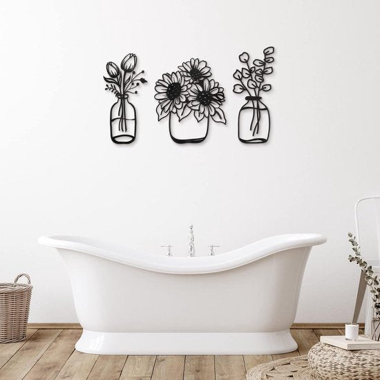 Set van 3 metalen bloemen wanddecoratie minimalistische vaas muurkunst zwarte tulp draadijzer decor bloemen wandsculptuur voor keuken badkamer woonkamer (5,6/6/9,9 inch)