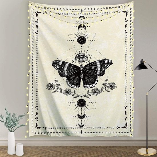 Vlinder wandtapijt, zwart en wit, wandtapijt, maanfase, trippy, psychedelische buttefly, wanddoek, muurkunst, decoratie voor slaapkamer en woonkamer, 130 x 150 cm