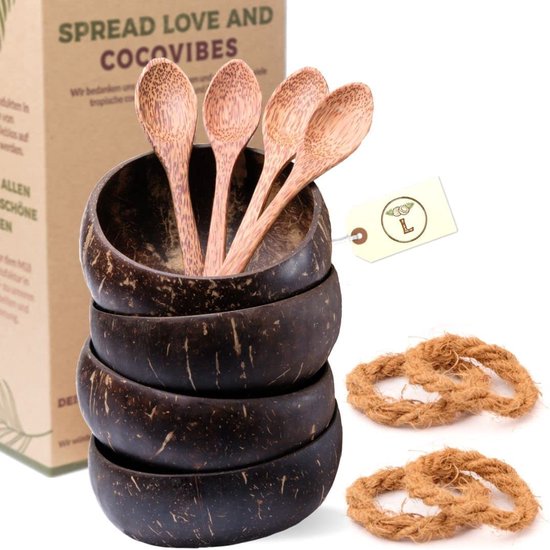 Klassieke Kokoskom | Cereal Bowls Set van 4 met Houten Lepels en Onderzetters | Natuurlijke ontbijtgranenkom | Smoothiebowls | Veganistische Duurzame Ontbijtkom | Gezinsset