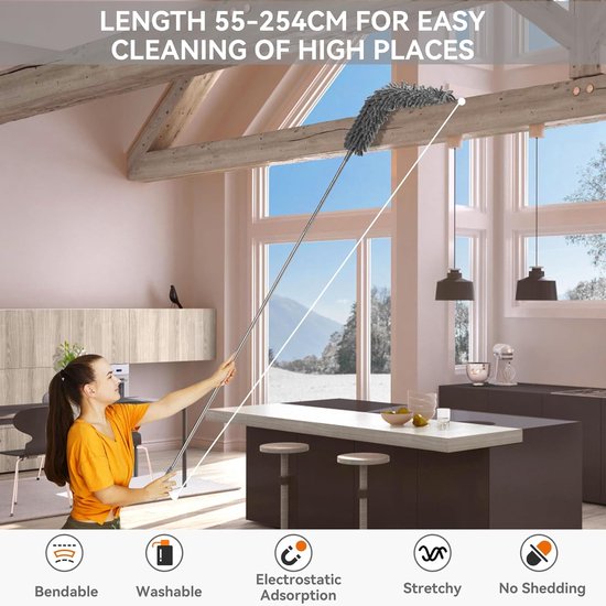Telescoopstofdoek Wasbaar voor plafond met telescoopstang, Microvezelstofdoek Hoekbezem Max. Lange 55-254 cm stofbezem met telescoop voor hoge plafonds plafondventilator spinnenwebben (7 grijs)