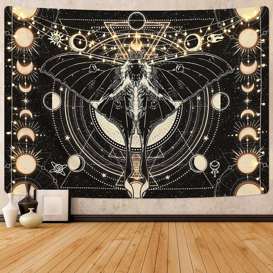 Wandtapijt, zwart, wandtapijt, zon, maan, wandtapijt, natuurlijke horoscoop, decoratief wandtapijt voor slaapkamer, 210 x 150 cm