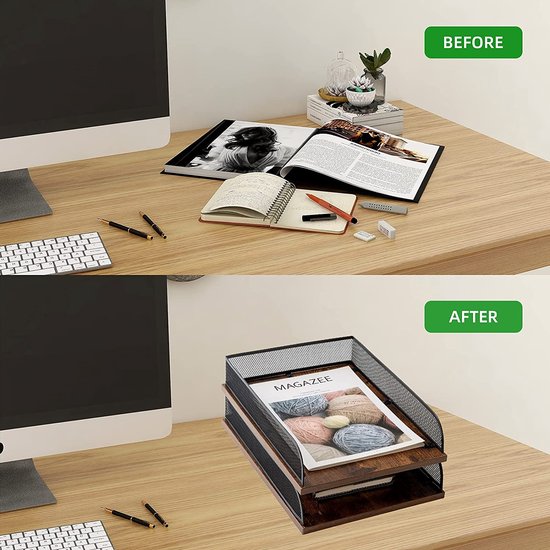 Brievenbak van hout en metaal, vintage design, bureau-organizer, papierhouder, kantoordocumentenorganizer (zwart)