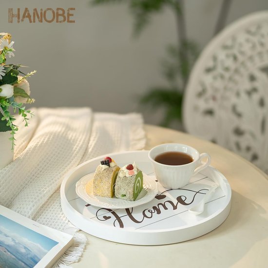 Rond Dienblad Houten Dienblad: Thuis Klein Houten Dienblad Decoratieve Rustieke Witte Dienbladen Decoratie voor Koffie Aanrecht, 30 cm