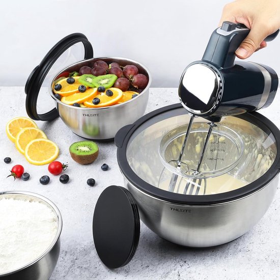 Roestvrijstalen kommenset met deksel, 3 stuks, 1,4 l + 2,8 l + 4,7 l, mengkom, slakom, serveerkom, stapelbaar, 3 raspopzetstukken