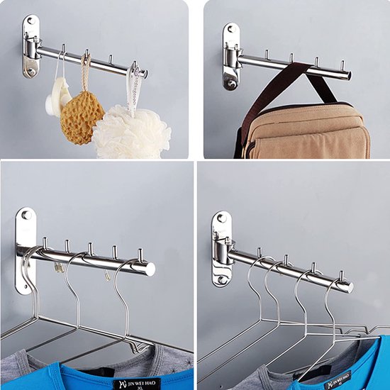Roestvrij Staal Met Zwenkarm Wandkleerhanger Rail Wandkapstok Badjashaken, Handdoekhaken, Garderobehaak Modern En Ruimtebespare Kapstok Voor Was, Slaapkamer, Badkamer, Balkon