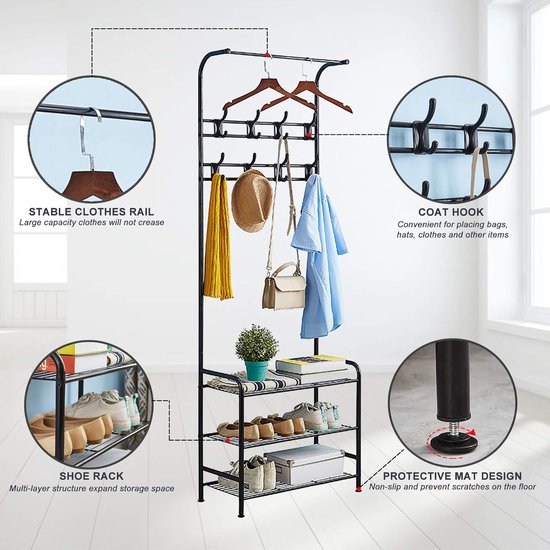 Gaderobe kapstok met haken, robuuste metalen kledingstandaard, kapstok met bank, multifunctioneel kledingrek voor de slaapkamer, kapstok met schoenenrek