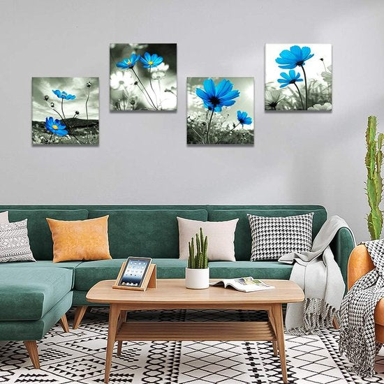 4-delige canvasafbeeldingen met blauwe bloemenmotief, kunstdruk, moderne muurfoto voor badkamer, woonkamer, wanddecoratie - 30 x 30 cm