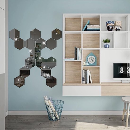 Wandstickers, acryl spiegelstickers set, 12 stuks 10cm 3D zeshoekige spiegel muurstickers voor woonkamer slaapkamer decoratie (zwart)