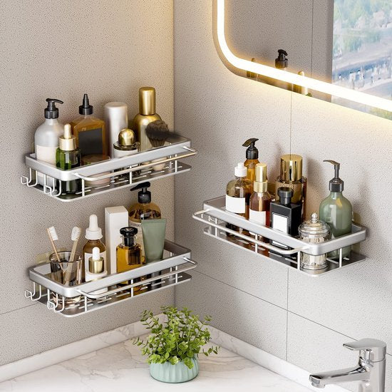 Doucheplank, doucherek, zonder boren, hoekmet haken, handdoekstang, badkuip, sponsrek, keukenorganizer, accessoires, mat, afwerking, douchemanden en doucheplanken (zilver)