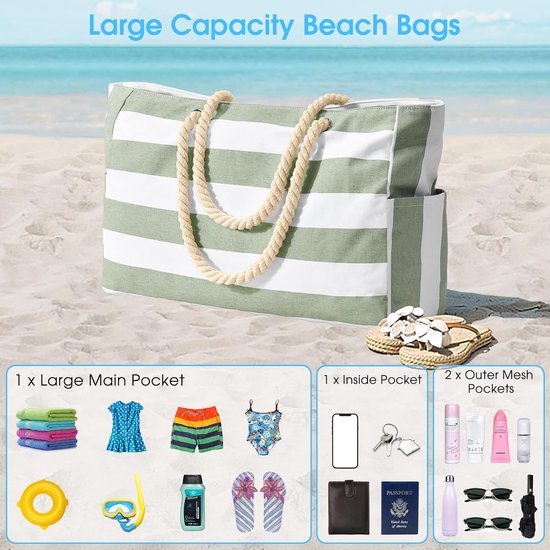 Strandtas, strepen, tote bag, badtas, waterdicht, strandtas, groot, met ritssluiting, shopper, tas, strandtas, XXL, familie, boodschappentas, schoudertas, universiteit, reistas, reistas,