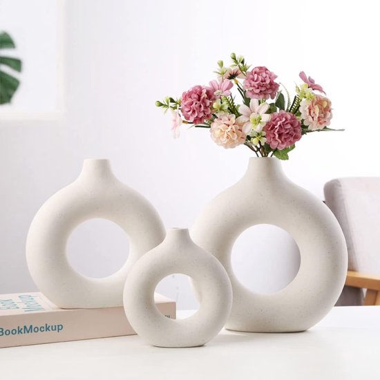 3 stuks keramische donutvaas handgemaakte ronde bloemenvazen decoratieve vazenset moderne decoratie voor pampasgras