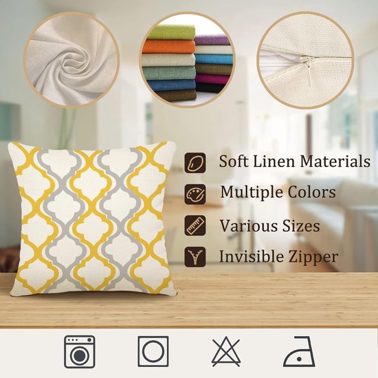 Kussensloop 50 x 50 cm, set van 4 decoratieve kussens, linnen kussenslopen, geometrisch patroon, kussenhoezen voor bank, slaapkamer, buiten, kussen, 50 x 50 cm, geel.