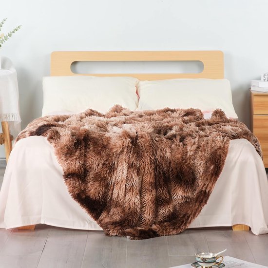 Kunstbont deken – stropdaskleuring in kaki Sherpa schapendeken – comfort luxe pluizige knuffeldeken – zachte deken voor bank en bed - 130 cm x 160 cm