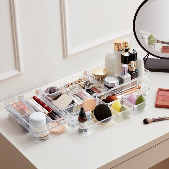 11 stuks lade-organizer van helder kunststof, bureau-ladeverdeler, tablets, commode, opbergdozen, scheidingsdoos voor make-up, sieraden en gadgets, slaapkamer, badkamer, kantoor