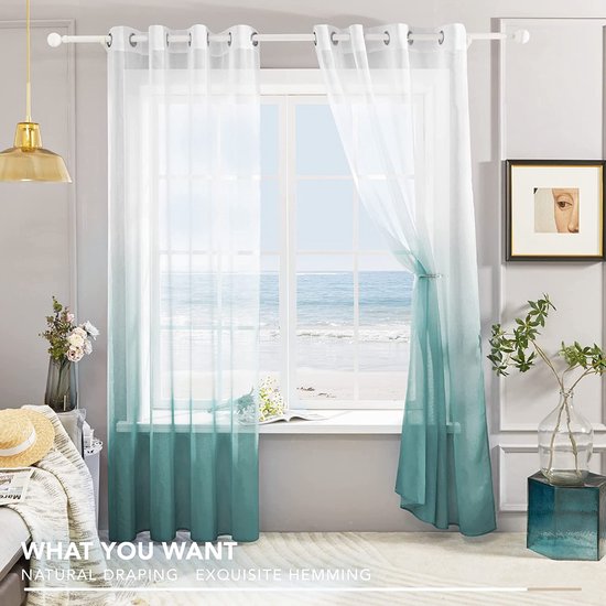 Voile Grijs Blauw Gordijnen met Ringen 140 x 270 cm(Breedte x Hoogte), Kleurverloop Semi-Clear Transparante Gordijnen voor Woonkamer Slaapkamer Kinderkamer, Set van 2
