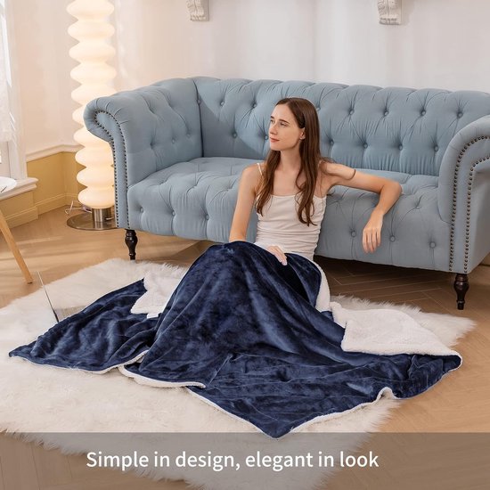 Deken wollig fleece deken blauw - extra warme sherpa deken bank XL 150 x 200 cm bankdeken, dikke woondeken zacht als woonkamerdeken, bankdeken