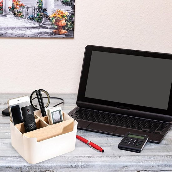 Desktop organizer, 5 vakken, houten tafelorganizer, desktop, stationery, opbergbox, kantoor, bureau, multifunctionele opbergdoos voor pennen, cosmetica, smartphones (wit)