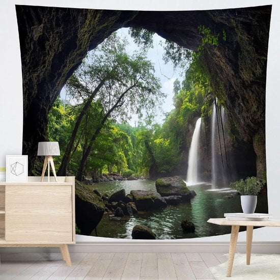 Wanddoek meer, wandtapijt waterval in het bos, wandtapijt grot, wandtapijt rivier, wandtapijt natuur, wandtapijt jungle, zen boom wandtapijt 260x240 cm.