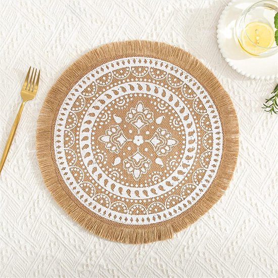 Set van 4 ronde placemats, Mandala Boho placemats met kwast, rustieke jute placemats voor eetkamer, keuken, tafeldecoratie (4 stuks, A)