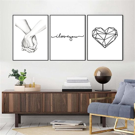 3-delige premium posterset, hand in hand, lijn liefde, modern, zwart, wit, liefde, foto's, wandfoto's, posterset voor woonkamer, slaapkamer, decoratie, zonder lijst (40 x 50 cm)