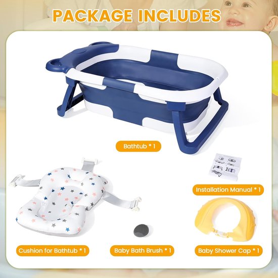 Opvouwbaar babybadje, stabiel babybadje voor pasgeborenen met badinzet baby, babybadborstel en douchekap kinderen, babybadje met afvoergat voor 0-24 maanden (blauw)