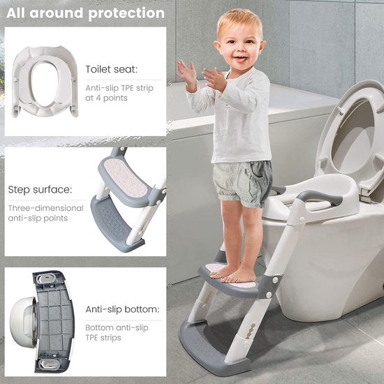 Toiletbril voor kinderen met trap, babypotje, toiletdeksel, wc-bril, kindertoilet, wit, potty training, toilet, toilettrap, toilettrainer, toiletopzetstuk, kinderen, toiletbril voor onderweg