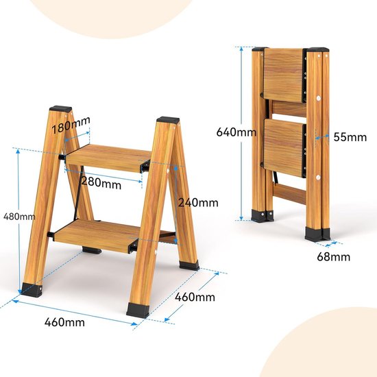 Vouwtrap, 2 treden, inklapbaar, aluminium vouwladder, draagbare trapladder, antislip huishoudladder tot 150 kg, multifunctionele ladder met houtnerf voor keuken, badkamer, camping