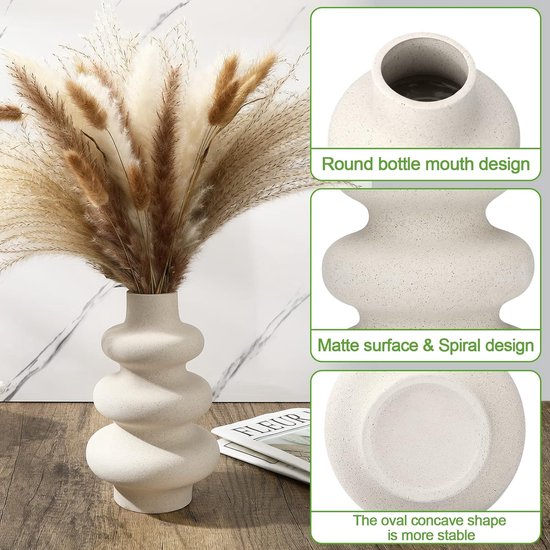Vaas voor pampasgras, wit, keramische vaas, moderne decoratieve kunstvaas, handgemaakte vaas, mat, donut, spiraal