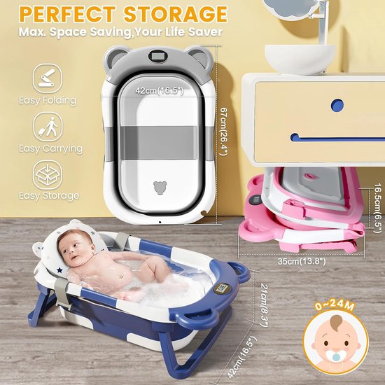 Opvouwbare babybadkuip met thermometer, babybadset voor pasgeborenen met babybadkussen, babybadborstel en douchemuts voor kinderen, kinderbad met afvoergat voor 0-24 maanden, grijs
