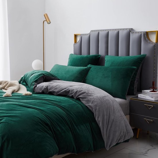 Winterbeddengoed, 135 x 200 cm, groen-grijs, warm pluche beddengoedset, 2-delig, 1 dekbedovertrek van 135 x 200 cm, met ritssluiting en kussensloop van 80 x 80 cm