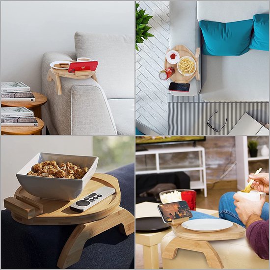 Bekerhouder & Sofa Tray Hout - Voedselveilige Bamboo Couch Bar Houten Dienblad als Sofa Butler voor Drankjes & Snacks - Couch Tray met Draaibare Mobiele Telefoonhouder, Scharnieren & Opvouwbare Armen