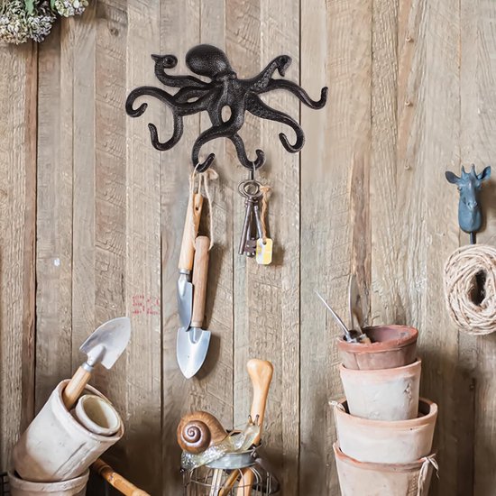 Octopus kapstokken, rustieke kapstokken, gietijzeren muurhaken met schroeven, kapstokken muur om op te hangen, kleding, sleutels, hoeden, tassen, donkerbruin