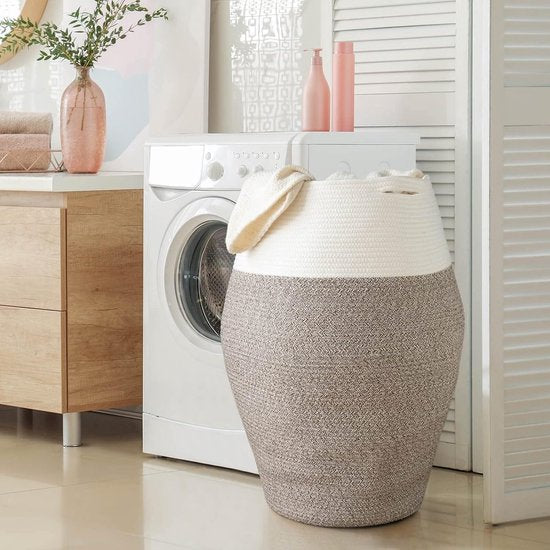 wasmand grote opbergmand van gevlochten katoenen touw voor vuile kleren in de wasruimte 65 cm hoog, wit en bruin