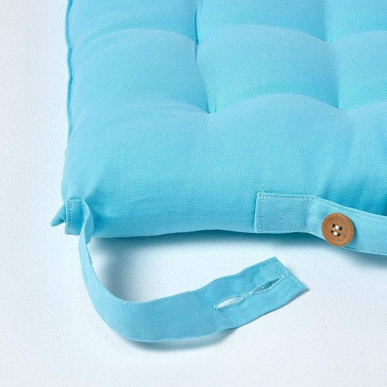 Set van 4 stoelkussens 40 x 40 cm, blauw / lichtblauw, zitkussen met banden en knoopsluiting, effen kussens voor stoelen met overtrek van 100% katoen en zachte polyester vulling