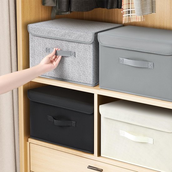 Pack of 4 Storage Boxes with Lid, Foldable Storage Box with Handle, Fabric Storage Baskets, Wardrobe Organiser, Folding Box for Clothes, Books, Light Grey