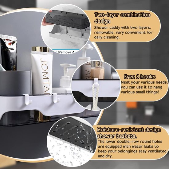 2 stuks badkamerrekken, doucheplank, zonder boren, wandrek, badkamer, zelfklevend, doucheplank, plastic douchemanden met 4 haken, badkamerrek, badkamerrek, zonder boren, plank voor