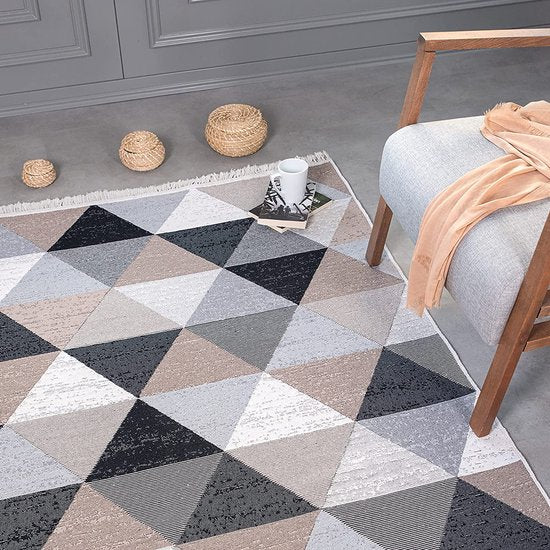 Vloerkleed, laagpolig - Boho Kelim tapijt, woonkamertapijt, slaapkamer en keukentapijt, tapijtloper, haltapijt, kinderkamertapijt, ruitgrijs, afmetingen: 160x230 cm