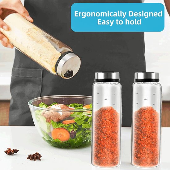 Kruidenpotjes, 500 ml, met draaideksel, 2 stuks borosilicaatglas, kruidenstrooier met 3 soorten roestvrijstalen kruidengaten, horen voor keuken, eetkamer, barbecue in de open lucht