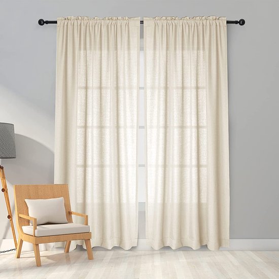 Gordijnen beige transparant linnenlook voile gordijnen voor woonkamer slaapkamer set van 2 225x140cm